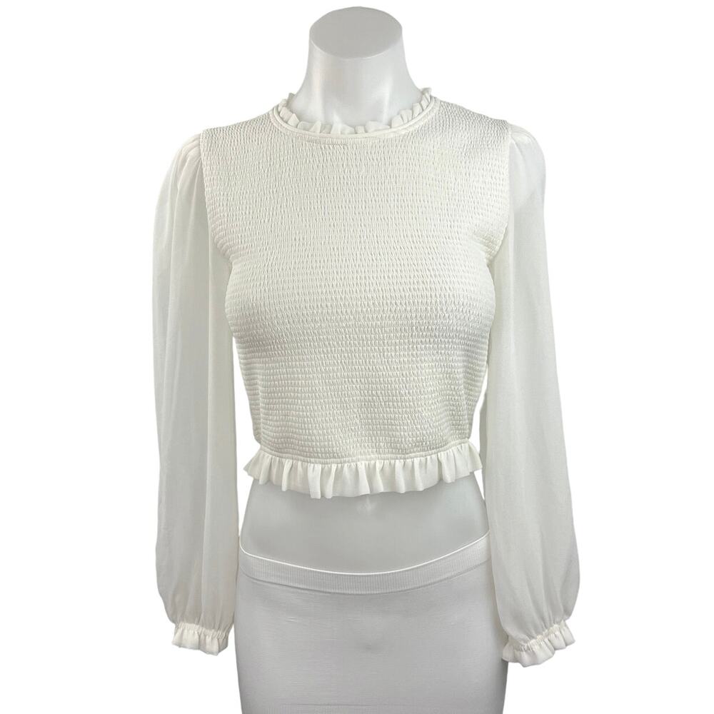 Aritzia Wilfred Women's White Puff Sleeve Smocked Ruffle Peplum Sweater Top Sz S